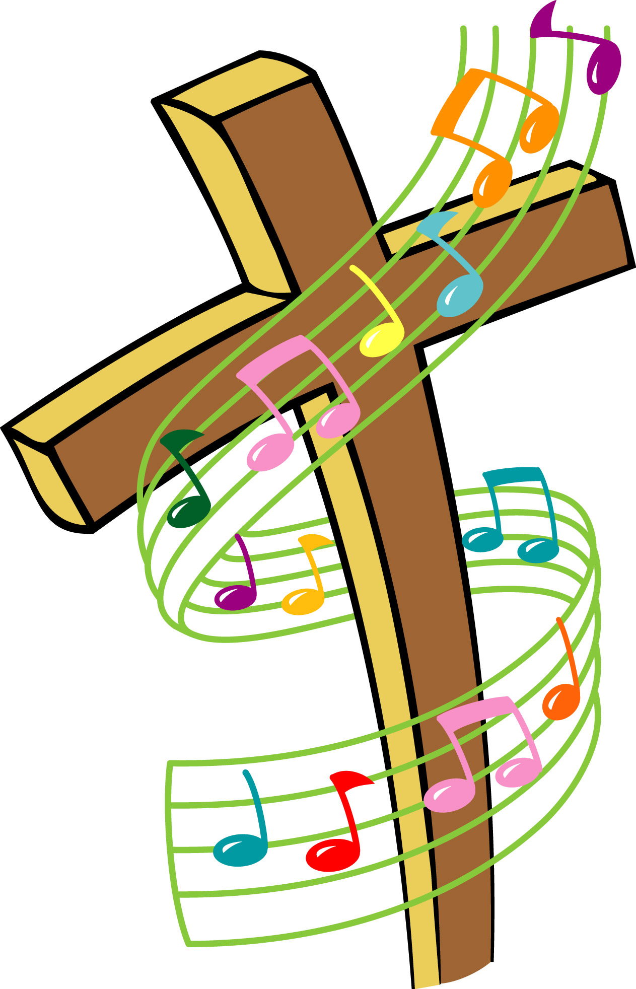 rainbow colored musical staff loosly wound around a cross