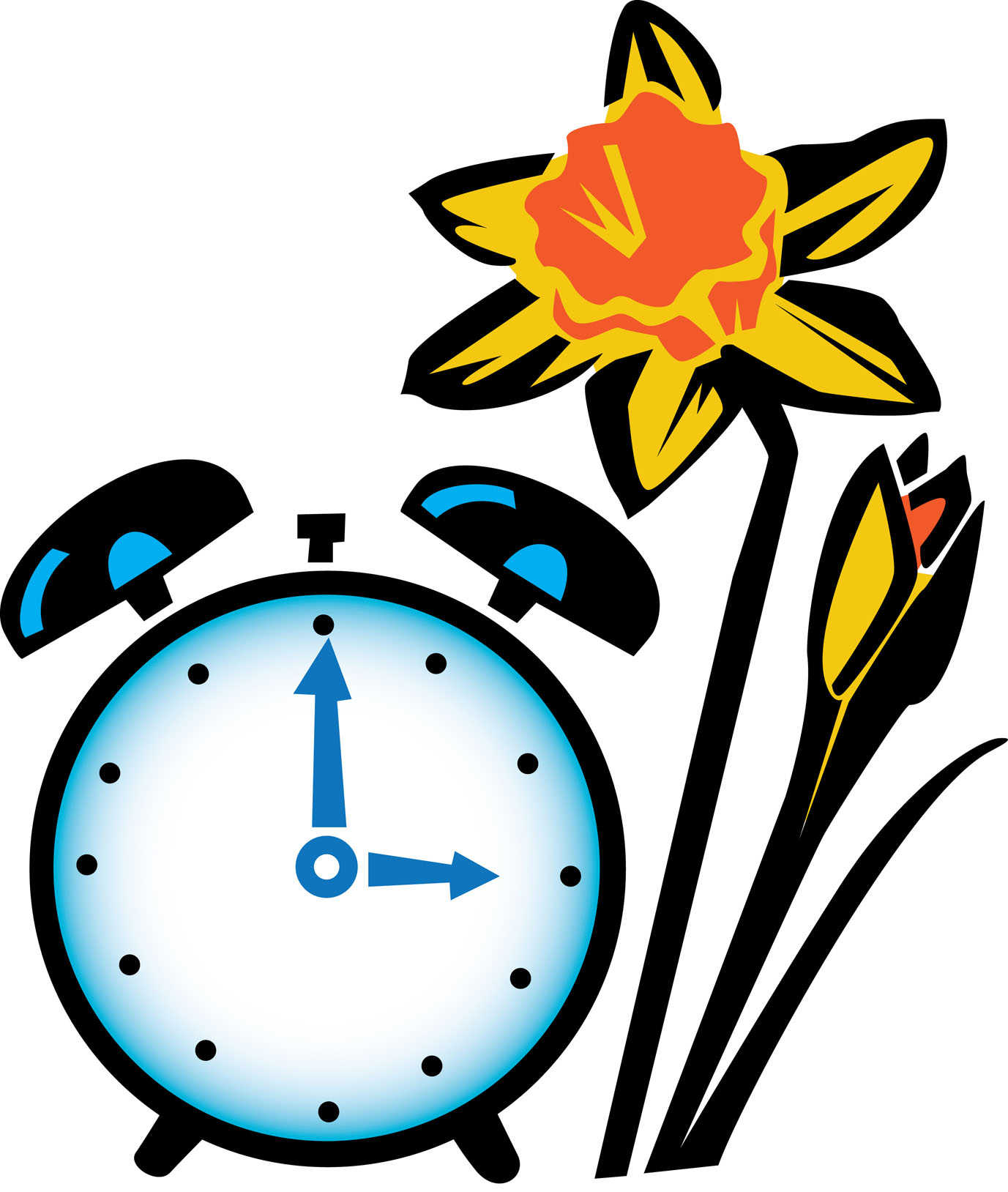 manual alarm clock with bells next to daffodils