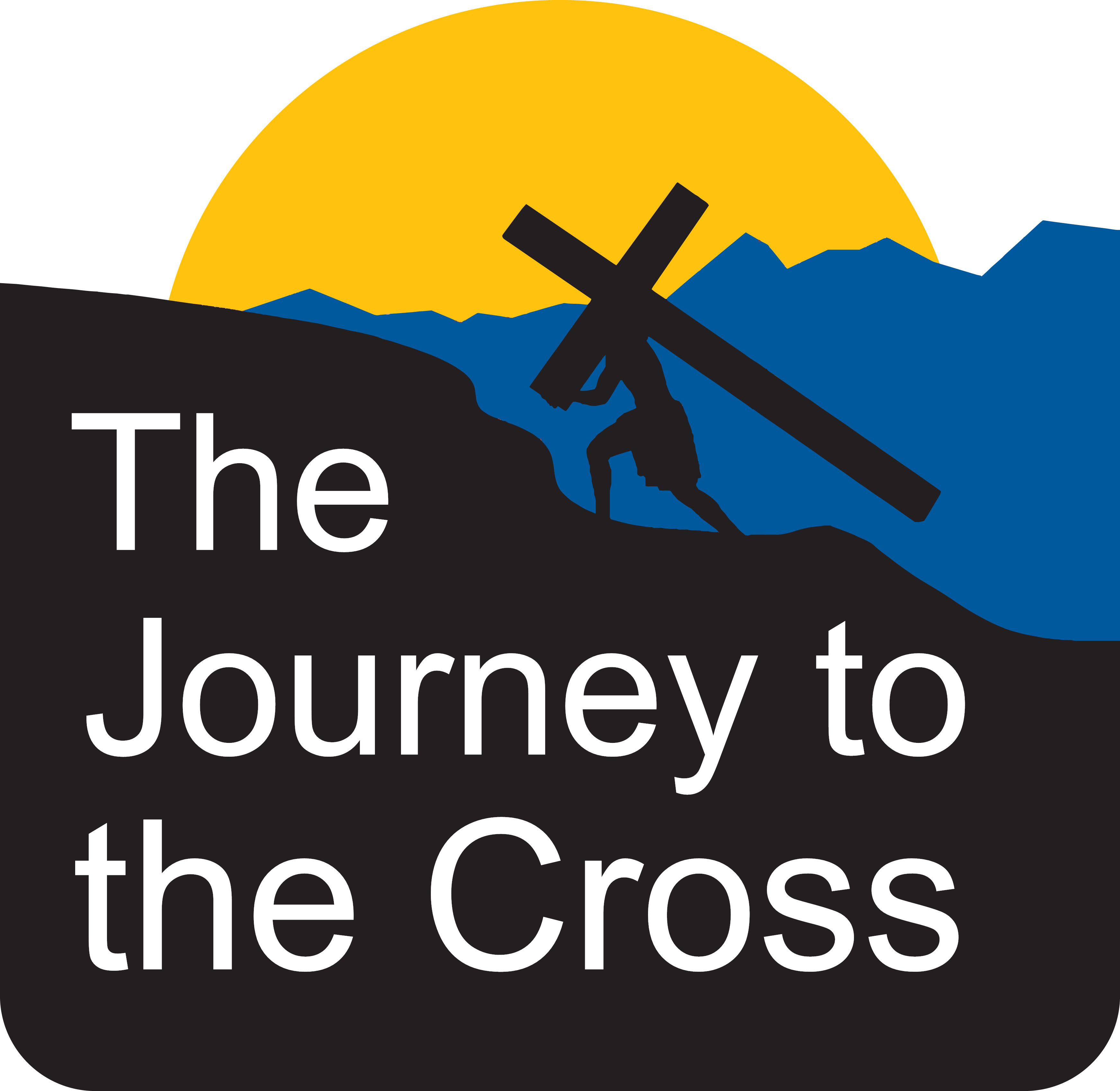 The journey to the cross text overlaying a silhouette of person carrying a cross up a rugged hill with sun peeking over the hill