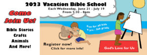 Come join us! Bible stories crafts animals and more! Vacation Bible school each wednesday, June 29 - July 27 from 5:30-8pm fun for all kids 4 years to 5th grade register now! Click for more info! The miracles of Jesus text on towel in beach scene with boy building sand castle and girl painting on an easel