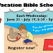 Come join us! Bible stories crafts animals and more! Vacation Bible school each wednesday, June 29 - July 27 from 5:30-8pm fun for all kids 4 years to 5th grade register now! The miracles of Jesus text on towel in beach scene with boy building sand castle and girl painting on an easel